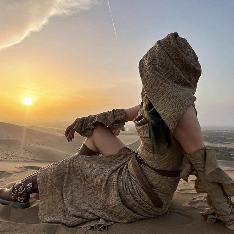 Ancient Tribal Dune Culture Wasteland Punk Vintage Hoodie Split Ruffle Dress - Image 8