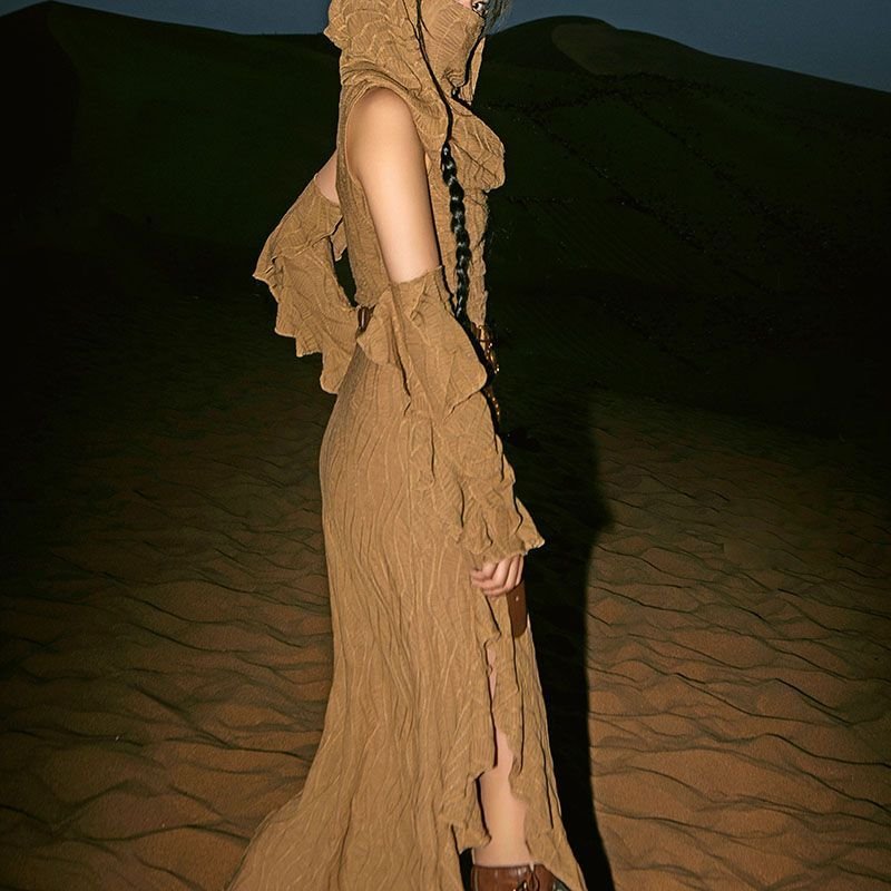 Ancient Tribal Dune Culture Wasteland Punk Vintage Hoodie Split Ruffle Dress - Image 11