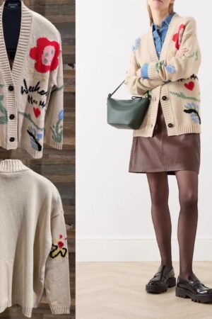 Oversized Knit Beige Floral Intarsia Cardigan