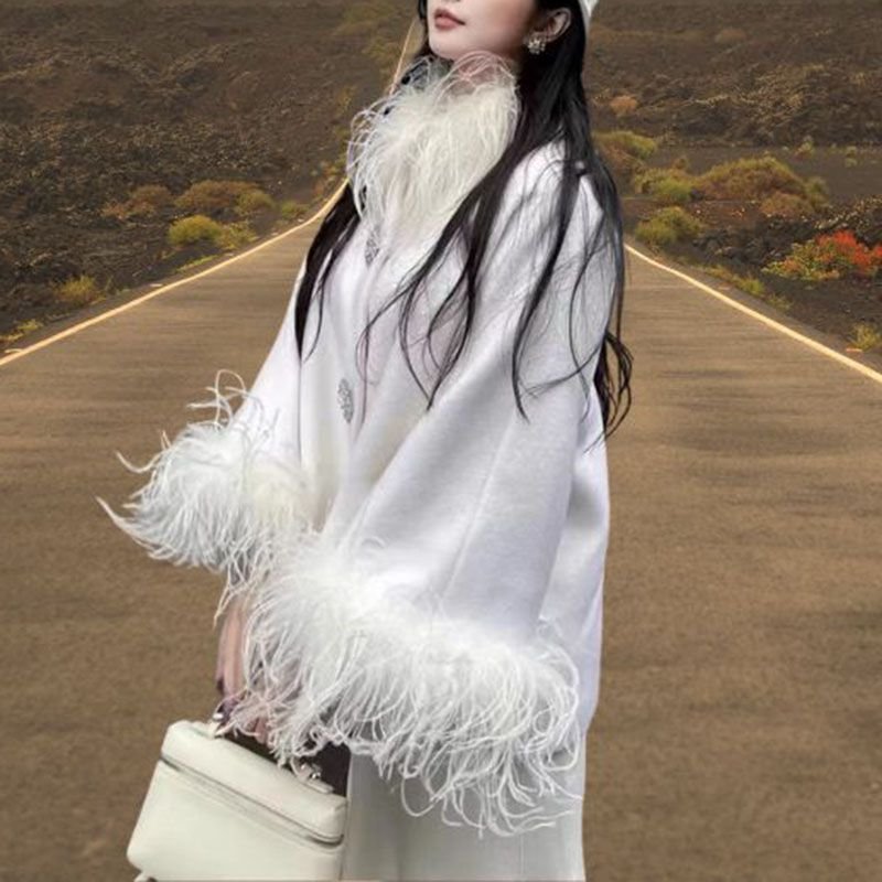 Fluffy Ostrich Feather Collar Woolen Coat - Image 21