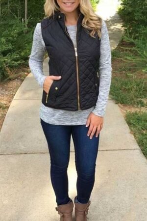 Quilted Cotton Zip Up Plaid Puffer Womens Vest