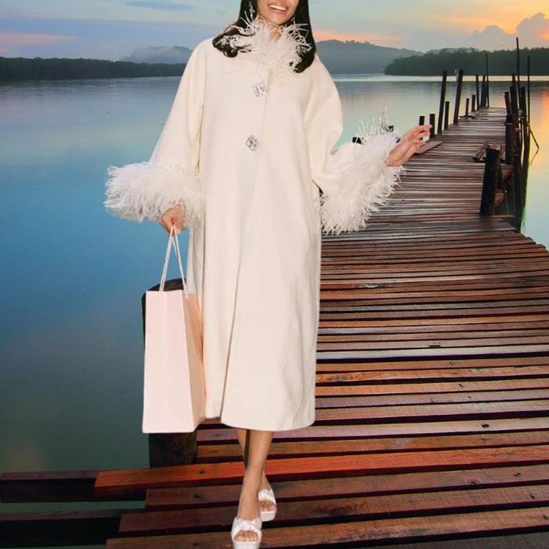 Fluffy Ostrich Feather Collar Woolen Coat - Image 14